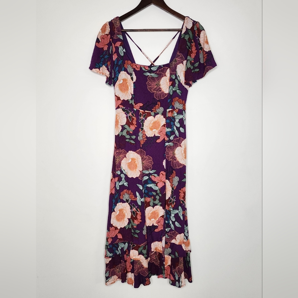 Anthropologie Paper Heart Purple Floral Bohemian Flutter Sleeve Midi Dress